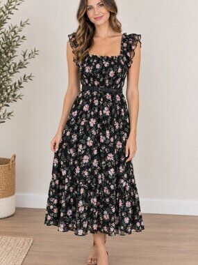 Wallflower Lily Collection Black Sleeveless Floral Midi Dress size Large